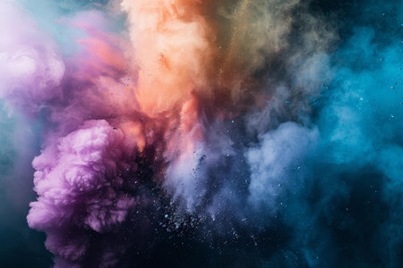 Vibrant and dynamic explosion of multicolor powder creating an abstract and artistic burst of energetic and chaotic motion with a bright and vivid backgroundの素材