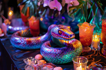 Fake iridescent snake positioned amidst tropical party beverages and decorの素材