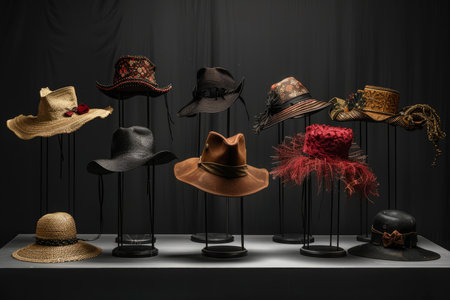Selection of fashionable hats arranged elegantly against a black backdropの素材