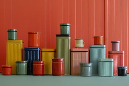 Neat line of variously sized metal garbage cans in vibrant colors against a red backdropの素材