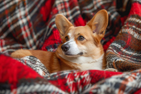 Adorable corgi dog nestled in a soft, plaid blanket with a wistful expressionの素材