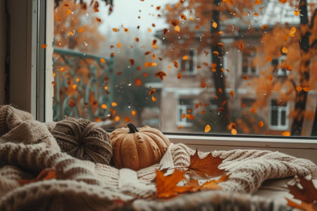 Tranquil autumn scene by a window, with a pumpkin and warm blanket surrounded by falling leavesの素材