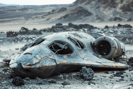 Futuristic spacecraft wreck in a desolate, rocky landscape, evoking adventure and exploration mishapsの素材