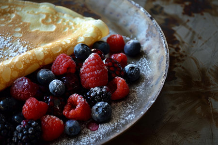 Delicious crepes with raspberries, blackberries, and blueberries dusted with powdered sugar on a vintage plateの素材