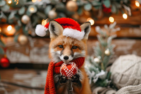 Cute fox wearing a festive santa hat holds a red and white christmas bauble, set against a cozy holiday backdropの素材