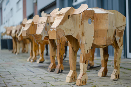 Series of unique wooden cow sculptures lined up along an urban streetの素材