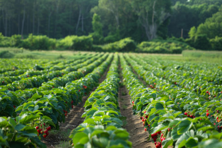 Vibrant rows of strawberry plants flourishing on a sunlit farm, immersed in a peaceful green environmentの素材