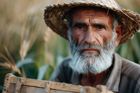 Portrait of a thoughtful elderly man wearing a straw hat, standing amidst tall corn plantsの素材