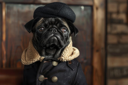 Captivating pug dog dressed in a fashionable beret and classic trench coat posing indoorsの素材