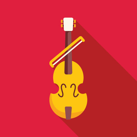 Minimalist flat design icon of a yellow cello with a bow on a red background with a long shadow, perfect for music related projectsのイラスト素材