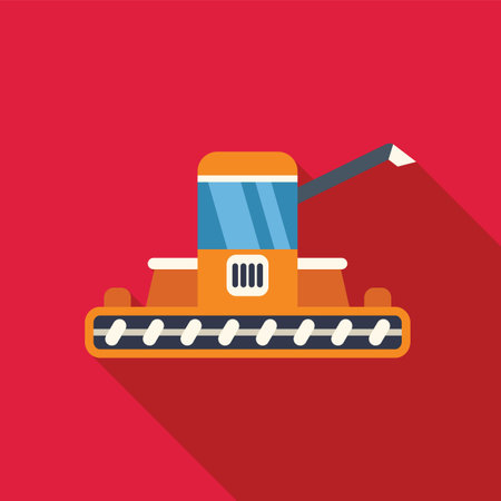 Combine harvester is harvesting wheat in a field with long shadow on red backgroundのイラスト素材