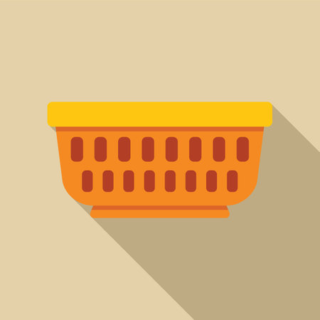 Empty plastic basket with a yellow lid is standing on a surface, casting a long shadowのイラスト素材