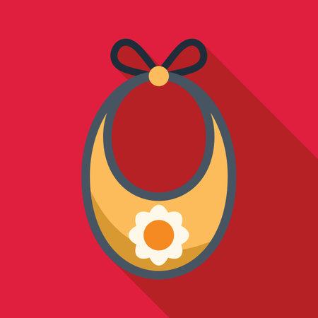 Baby bib with flower decoration lying on a red background, baby feeding accessoriesのイラスト素材