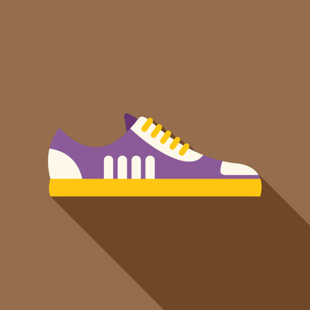 Purple and yellow sneaker casting a long shadow on a brown backgroundのイラスト素材
