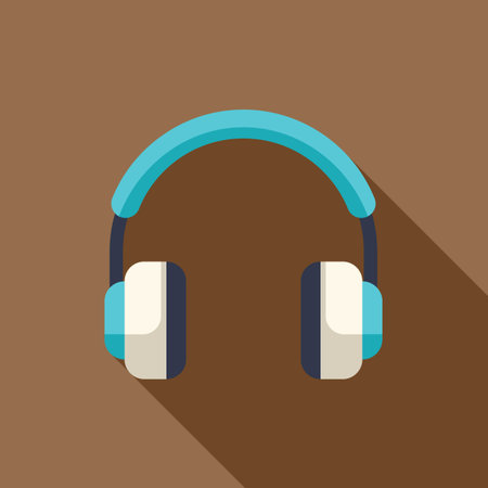 Blue and white headphones icon casting a long shadow on brown background, simple flat designのイラスト素材