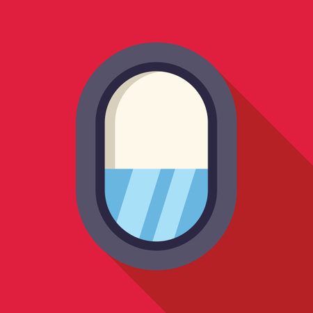 Airplane window overlooking a blue sky with clouds from the point of view of a passenger on a commercial flightのイラスト素材
