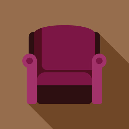 Purple armchair with armrests casting long shadow on brown background, concept of interior designのイラスト素材