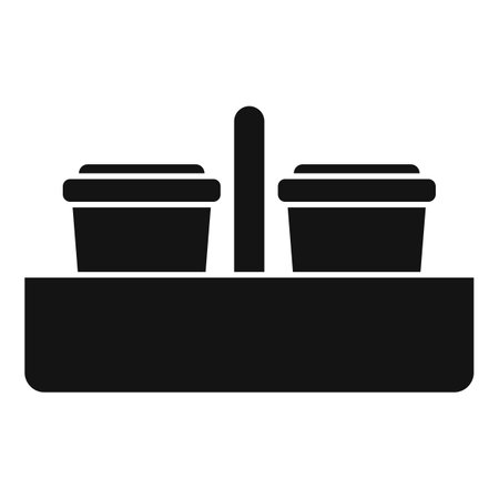 Black and white icon of a plastic food tray holding two containers with a handle in the middleのイラスト素材