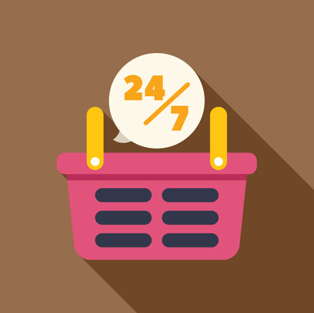 Pink shopping basket with 247 speech bubble representing nonstop online shopping possibilitiesのイラスト素材