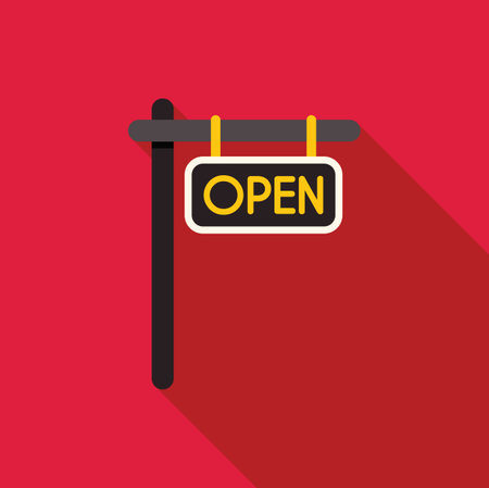 Simple open sign is hanging on a wooden plank against a red backgroundのイラスト素材