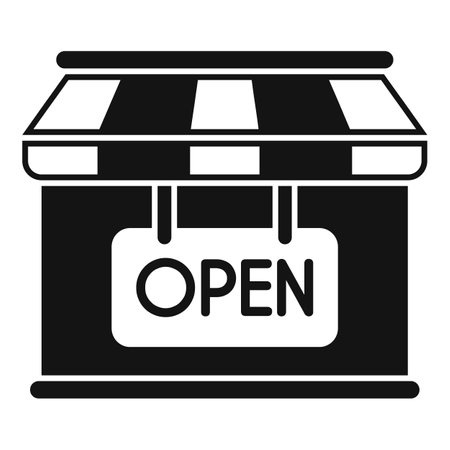 Simple icon of a small business storefront facade with striped awning and open sign hangingのイラスト素材
