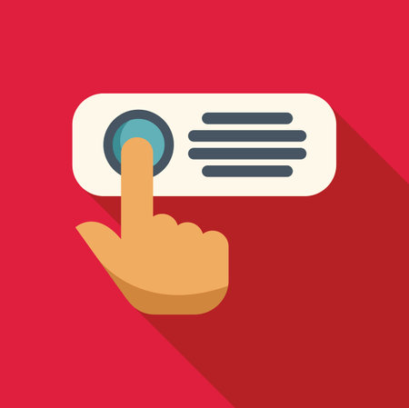 Hand pressing round button on control panel icon in flat style with long shadow on red backgroundのイラスト素材