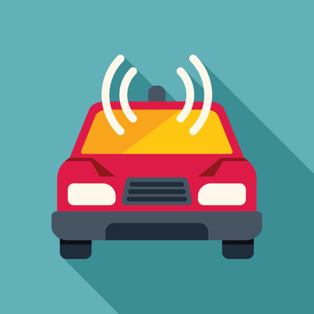 Red car with gps antenna on its roof, emitting radio waves to locate its positionのイラスト素材