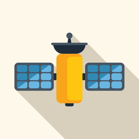Space satellite transmitting signals with dish antenna and solar panelsのイラスト素材