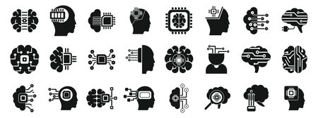 Brain implant icons set. Artificial intelligence icon set showing brain and microchip for machine...