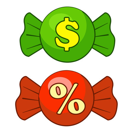 Illustration featuring two candies, one green with a dollar sign and one red with a percentage sign, symbolizing cashbackのイラスト素材