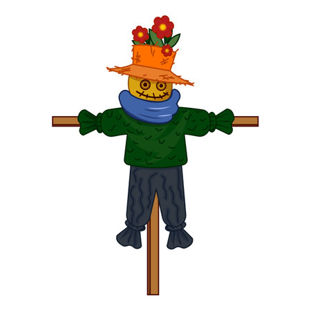 Funny scarecrow wearing green sweater is standing and protecting the harvest in the fieldのイラスト素材