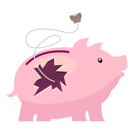 Pink piggy bank losing money symbolized by a butterfly shaped as an autumn leaf flying awayのイラスト素材