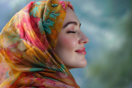 Closeup of a content woman wearing a vibrant floral hijab, exemplifying peace and beautyの素材