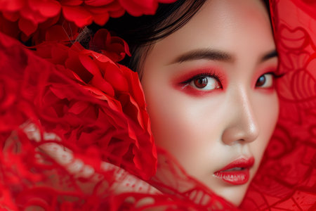 Closeup of an asian womans face surrounded by vibrant red flowers, exuding mystery and allureの素材
