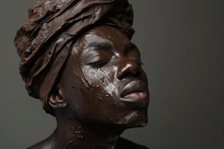 Closeup portrait of a person with a peaceful expression, face covered in a glossy clay maskの素材