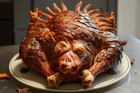 Unique, intricately prepared exotic meat dish presented on white plateの素材