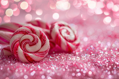 Closeup of red and white striped candy canes with glittery bokeh, perfect for holiday themesの素材