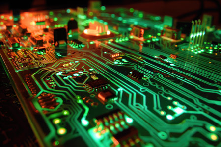 Highangle macro shot of an active circuit board with glowing green and red lightsの素材