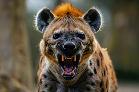 Closeup of a snarling hyena with bared teeth in natural habitatの素材