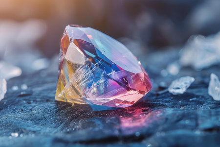 A multifaceted crystal captures light, creating a rainbow effect on an icy backdropの素材