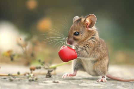 Charming image of a tiny mouse standing with a small red boxing glove on a blurred backgroundの素材