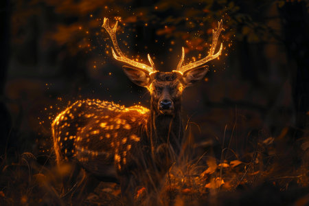 Enchanted scene with a deer whose antlers sparkle amidst twilight, evoking fairy tale magicの素材