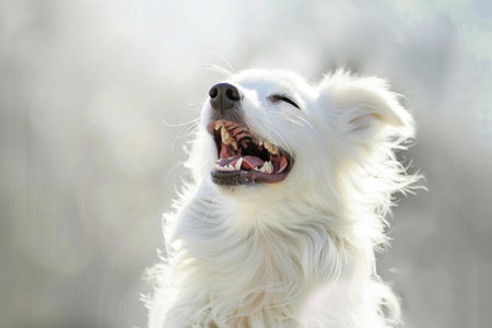 Cheerful white dog with its mouth open in a bright, blurred backgroundの素材