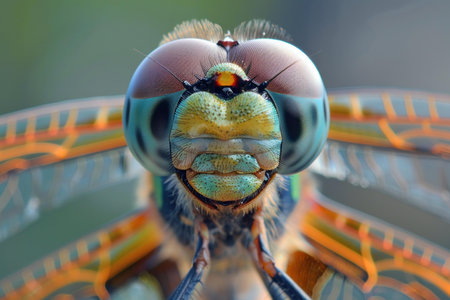 Closeup macro portrait of a colorful and vibrant dragonfly with intricate details in its compound eyes and delicate wings, showcasing the beauty of this unique invertebrate in its natural habitatの素材