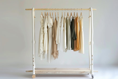 Simple wooden rack holding a variety of stylish, neutraltoned dresses against a plain backgroundの素材