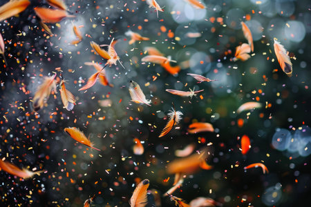 Mesmerizing display of vivid butterflies dancing amidst sparkling particles on a bokeh backgroundの素材