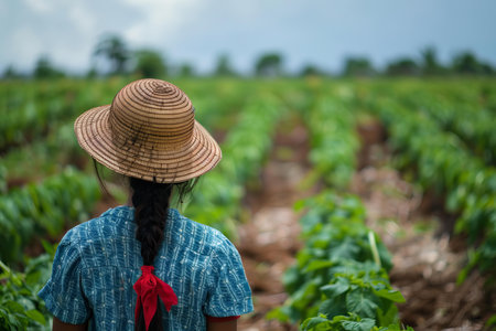 Female farmer in a straw hat looks upon verdant agricultural landの素材