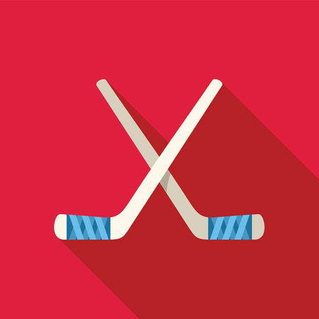 Two crossed hockey sticks casting shadows on a red background, perfect for representing the sport of hockeyのイラスト素材