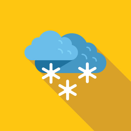 Blue cloud falling snowflakes winter season flat design icon with long shadow on yellow backgroundのイラスト素材