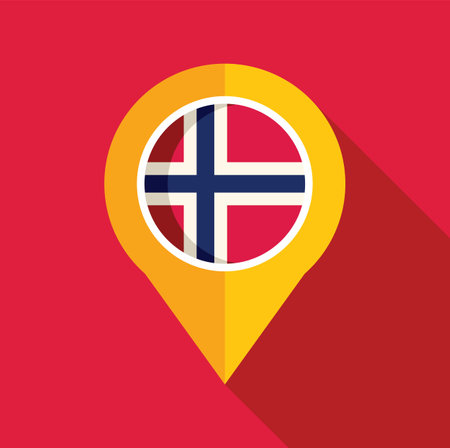 Yellow location pin icon showing the flag of norway, casting a long shadow on a red backgroundのイラスト素材
